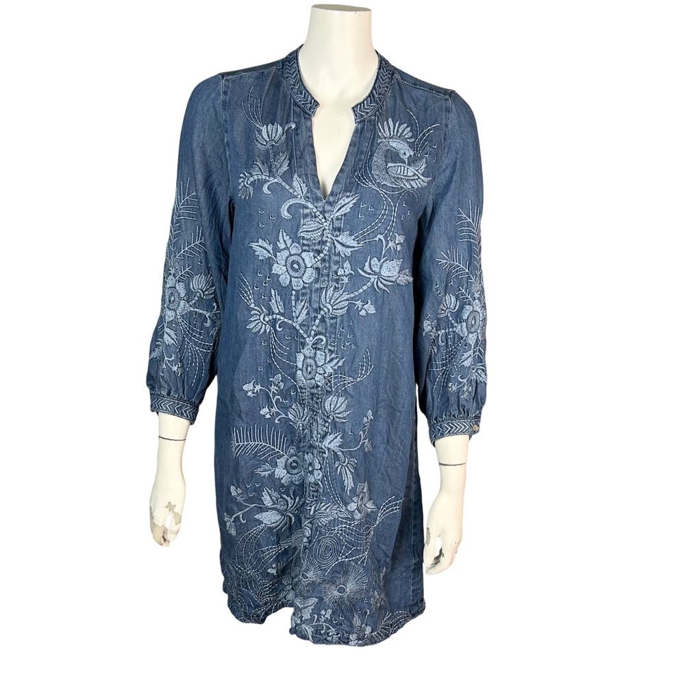 Johnny Was Workshop Embroidered Denim Dress XS Birds Kairi Bishop Sleeve Western
